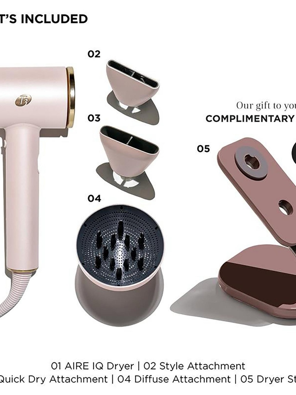 T3 Pink and Gold Compact Hair Dryer with Styling Attachments